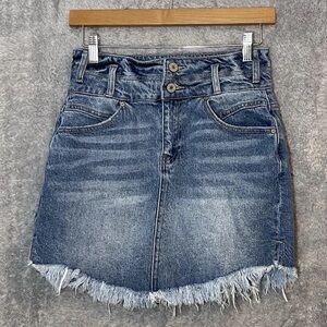 KanCan Women’s Blue Denim Mini Skirt Size M High Rise Frayed Hem